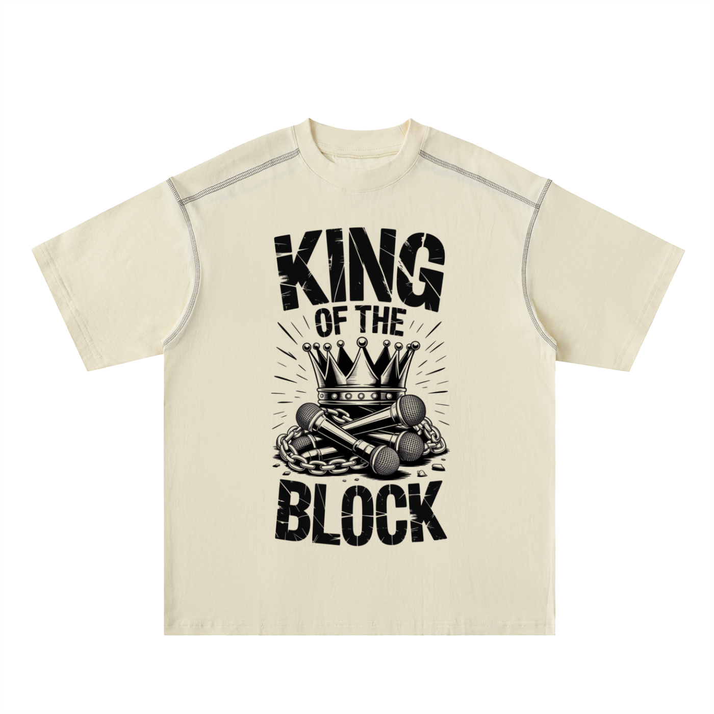 Beige t-shirt with 'King of the Block' graphic design on a white background
